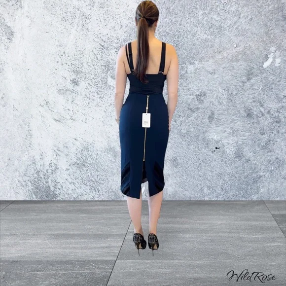 ROLAND MOURET NAVY BLUE BLACK LAC3 & VELVET PENCIL SKIRT SZ US 10 - Picture 3 of 17